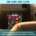 Car Garbage Bag Modern Flower and Green Leaves Hanging Canvas Car Trash Bag Drawstring Car Back Seat Organizer for Car Back Front Seat Console with Adjustable Buckle