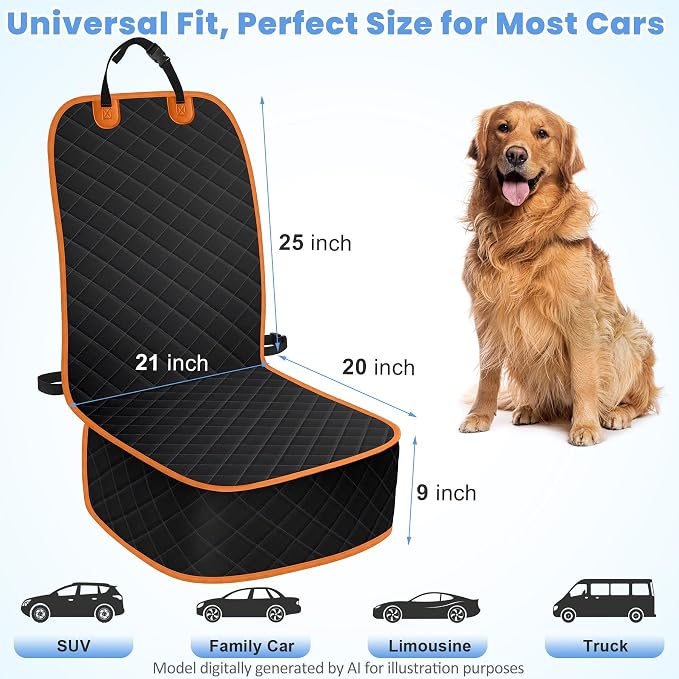 Dog Car Seat Covers, Waterproof Front Seat Cover for Dogs, Scratch-Proof, Nonslip Pet Passenger Seat Cover Protector, Universal Fit for Cars Trucks SUVs, Large Size, Black with Orange