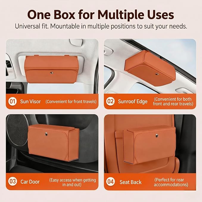 Magnetic Foldable Car Tissue Box - Easy-Install Tissue Holder for Sun Visors and Seat Backs,Premium Leather Car Napkin Organizer—Designed for Commuters,Rideshare Drivers and Families(Orange)