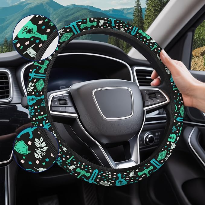 Teal Fantasy Symbol Steering Wheel Cover, Polyester Non-Slip Car Wheel Grip, Universal 15 Inch Auto Accessory