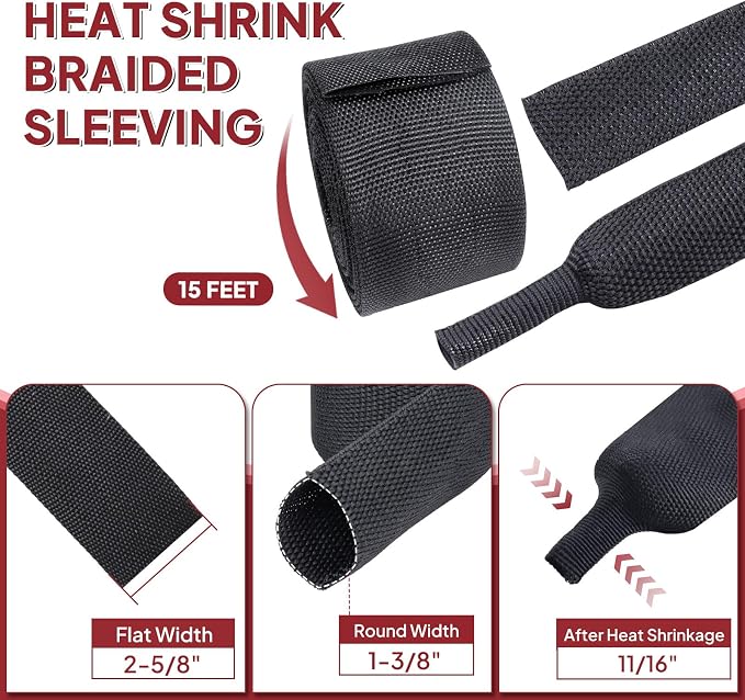 Heat Shrink Braided Sleeving, 2:1 Ratio Shrinkable Fabric Tubing Sleeve Abrasion Protection Cable Wire Sheath (1-3/8"-15ft)