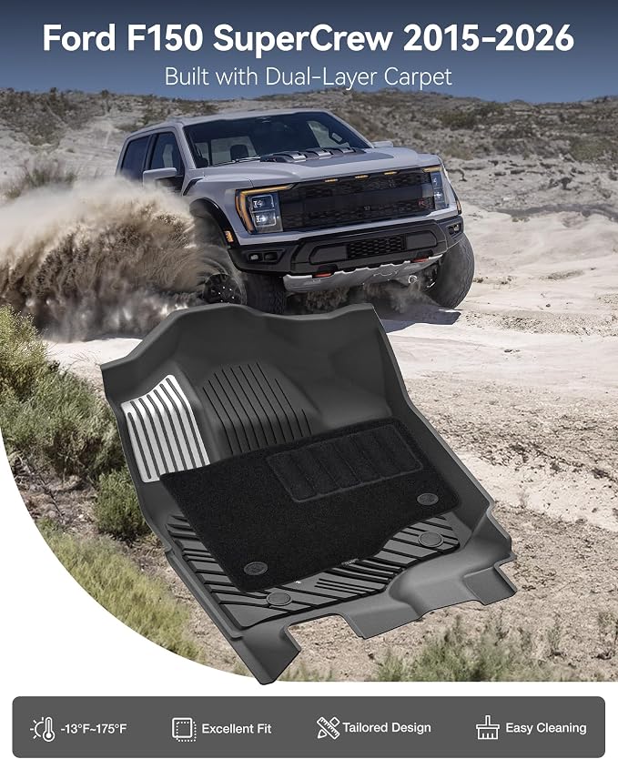 3W Floor Mats (with Metal Pedals) & Carpets for Ford F-150 2015-2026 & F150 Lightning 2022-2025 SuperCrew (w/o Fold Flat Storage), TPE All Weather Front & Rear 3PCS | Heavy Duty, Easy Clean - Black