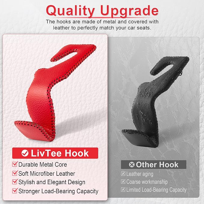 Red Superior Leather Car Seat Back Headrest Hook, Auto Seat Hook Hangers Interior Accessories for Purse Coats Umbrellas Grocery Bags Handbag, 2-Pack