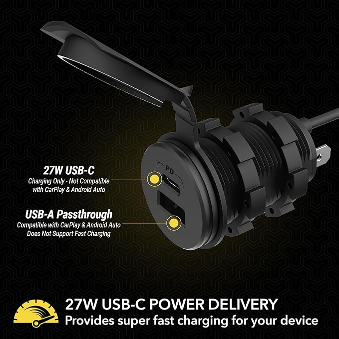 CPPDRLK-SP PowerVolt 27W Dash Port USB PD 3.0 Type-C Car Charger Compatible w/ Apple CarPlay & Android Auto Passthrough with USB-A to USB-C Adapter, Charger Socket for Car, Truck, Motorcycle