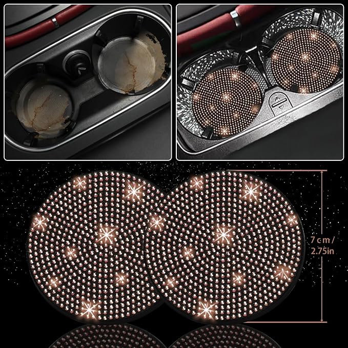 12 Pcs Bling Car Accessories Set for Women Car Floor Mats Full Set Steering Wheel Cover Seat Belt Covers Coasters Universal Fit Car SUV Truck Van Champagne