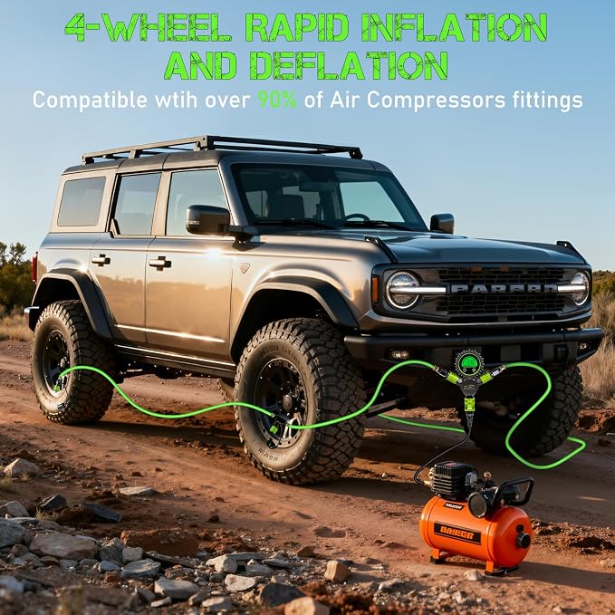 4 Tire Inflation Deflation System W/300PSI Digital Pressure Gauge | Fits up to 200" Wheelbase, Plastic Carry Box & Heavy Duty Hoses, Fits Truck, Car, Trailer, Motorcycle Offroad Vehicles, Green