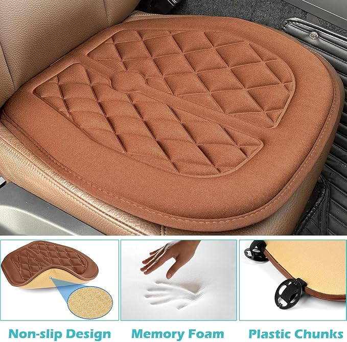 Car Seat Cushion, Comfort Memory Foam Driver Seat Cushion Improve Driving View, Sciatica and Lower Back Pain Relief, Thick Seat Cushions for Car Home Office Chair, Wheelchair - Brown