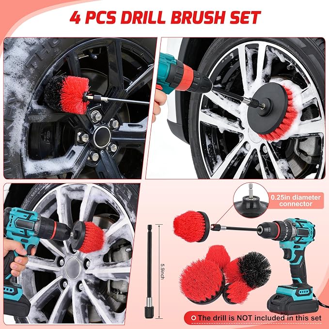 27PCS Car Detailing Kit Auto Cleaning Tools Wash Set with Storage Carry Bag Home Use for Interior Exterior Deep Clean Polish Car Care Windshield Dashboard Seat Air Vents Wheels Tires, Red