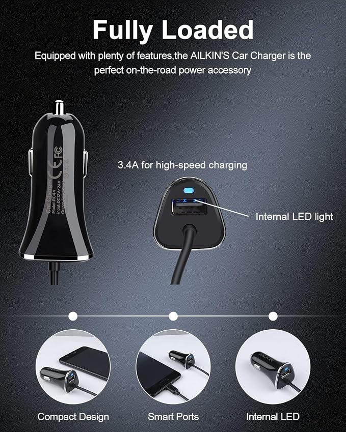 USB-C Car Charger, 3.4A USB Type C Car Charger Adapter & Fast Charge Cable | C Cord Cargador USBC Lighter for Samsung Galaxy S26 S25 S24 S23 S22 A17 iPhone 17e 17 16e 16 15 Pro Max Android Cigarette 12V