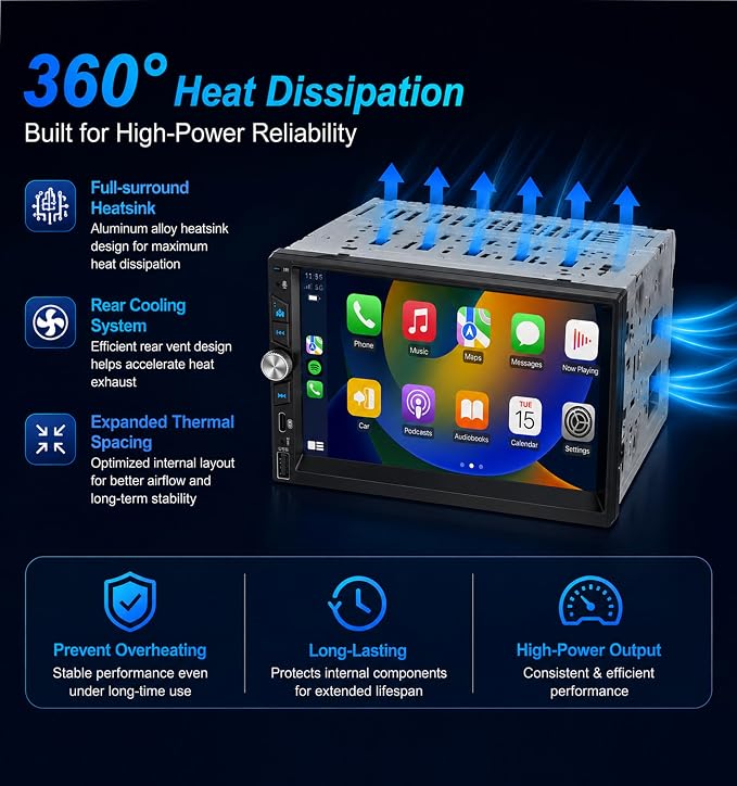 Double Din Car Stereo with Wireless Apple CarPlay Android Auto Audio Radio | 7" Screen, FM/AM Radio, 4.2 Channel 240W 16-Band EQ DSP, Subwoofer, Bluetooth, Backup Camera, Fast Charging, SWC, MirrorLink