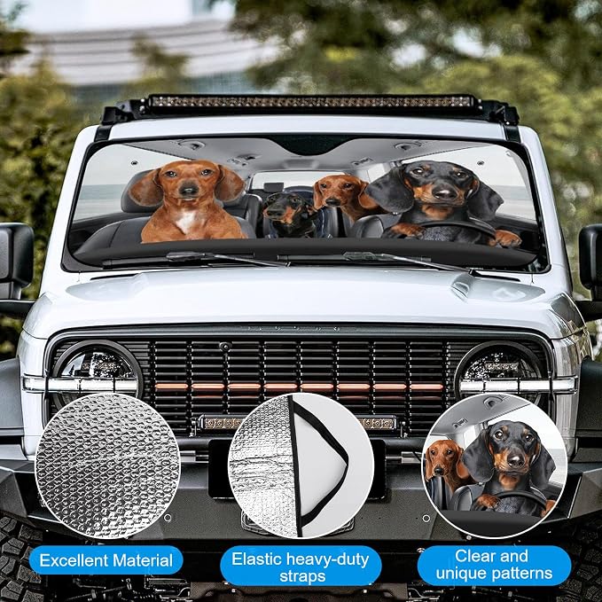 4 Dogs Foldable Windshield Snow Cover, Reflective Accordion Car Windshield Snow Cover, Sun Visor for Car Windshield, Ultimate Heat & UV Protection, Suitable for Most Cars, 54" L x 27.6" W