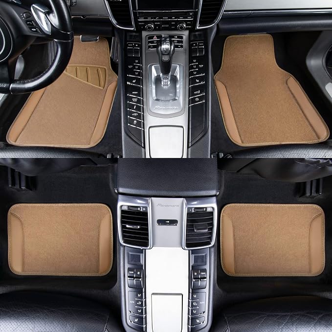Beige Leather & Waterproof Car Carpet Floor Mats, Universal Car Mats Fit for SUV,Vans,sedans, Trucks,Set of 4pcs Car Carpet with Anti-Slip nibbs Driver Heel Pad (All Beige)