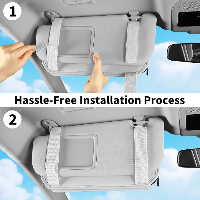 Car Sun Visor Organizer with Zipper Pockets PU Leather Storage Bag with Elastic Straps and Glasses Clip Sunvisor Organizers for Car SUV Truck