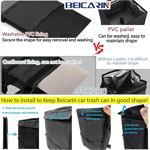 Car Trash Can with Lid - Car Trash Bag Hanging with Storage Pockets Collapsible and Portable Car Garbage Bin, Leak-Proof Car Organizer, 1.82 Gallons Multipurpose Trash Bin for Car