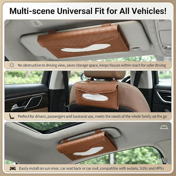 Car Tissue Holder, Car Napkin Holder, PU Leather Auto Visor Tissue Box, Auto Interior Accessories Sun Visor Paper Towel Cover Case Backseat Napkin Organizer for Sedan Truck SUV (Brown)