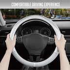 Steering Wheel Cover, Silver Patterned Leather Patchwork Design, Universal Fit 14.5"–15.5", Anti-Slip, Odor-Free, Soft PU Grain Leather, Durable Grip Car Accessory for Girls & Women