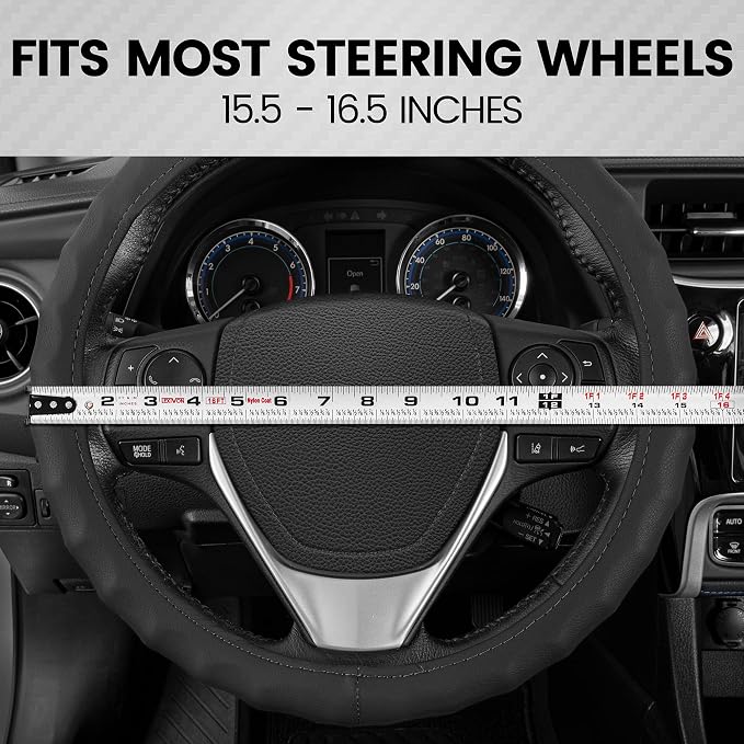 Genuine Black Leather Steering Wheel Cover for Car, Large 15.5-16 inch – Ergonomic Comfort Grip for Men & Women, Car Steering Wheel Cover for Vehicles with Large Steering Wheels