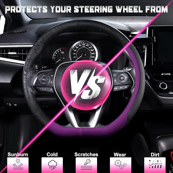 D Shaped Steering Wheel Cover for 14.5-15 inch Flat Bottom Wheels, Breathable Perforated Microfiber Leather, Anti-Slip Grip, Universal Fit for Cars & SUVs, Black and Dawn Purple