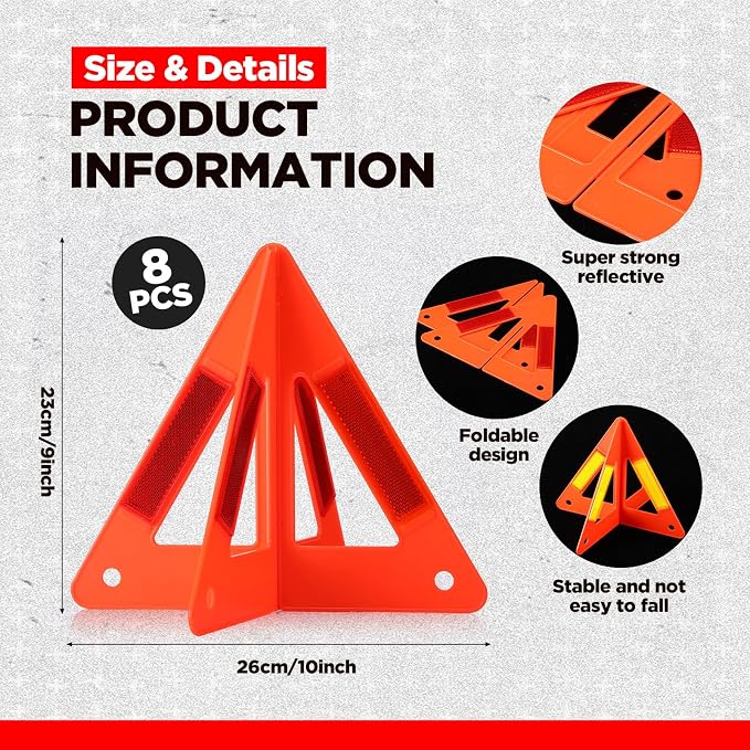 8 Pcs Emergency Reflective Triangles Sign Foldable Warning Safety Triangles for Vehicle Kit Portable Reflector Roadside Tools Suitable for Cars Trucks Breakdown