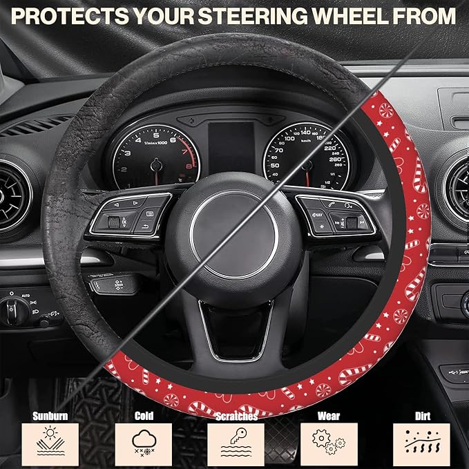 Christmas Candy Cane Car Steering Wheel Cover, Non-Slip Absorbing Sweat Car Wheel Cover Accessories for Men Women,Universal 15" Fit Auto SUV Vans Trucks