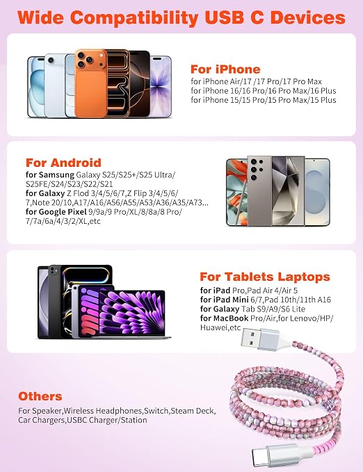 USB A to USB C Cable 6FT,Beaded Charger Cord for iPhone 17 16 Pro Max 17e 15 Car play,Cute Type C Car Charger Charging Cord for iPad 10 11th A16/Samsung S26 S25 S24/Android Phone Girls Women,PurpleRed