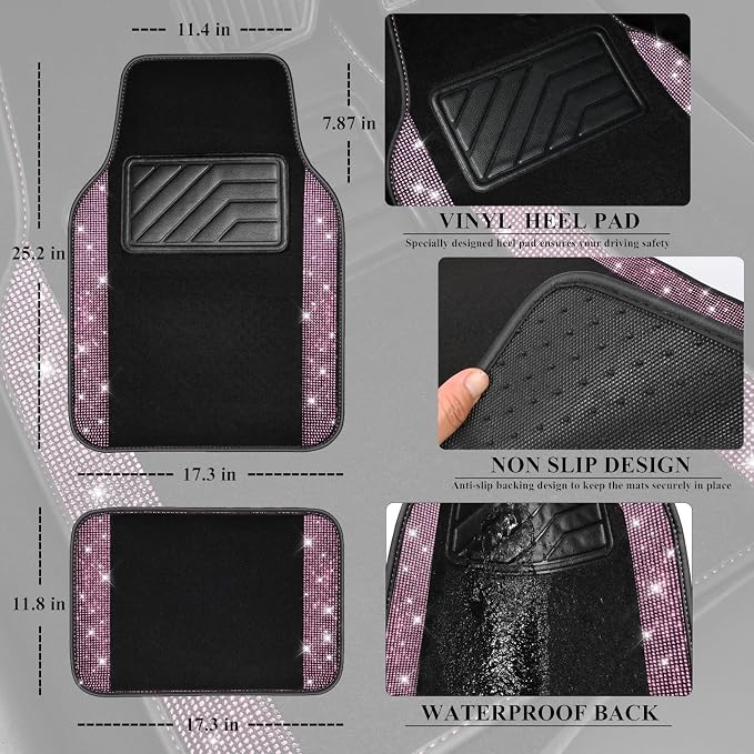 Bling Diamond Car Floor Mat Shining Rhinestones Carpet, Sparkly Glitter Crystal Anti-Slip PVC Heel Pad Automotive Universal Fit for SUV Sedan Car Van, 4pcs for Girl Cute Women, Black Pink