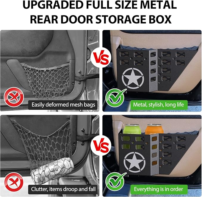 Metal JK Rear Door Storage Pockets for Jeep Wrangler JK JKU 2007-2018, Sturdy Door Organizer Box Pockets Insert Accessories for Replace Sagging Nets -2 PCS