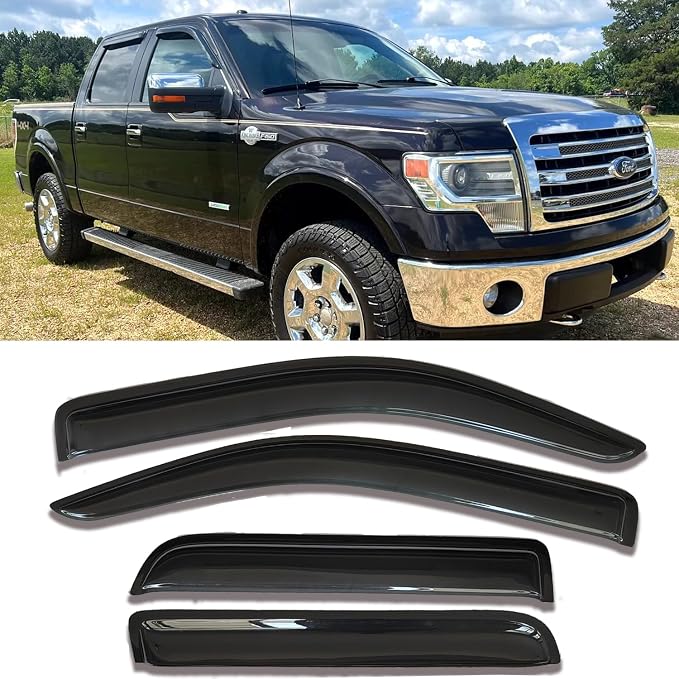 Tape on Window Visors rain Guards Vent Deflectors Rain Guards Compatible with 2009-2014 Ford F-150 SuperCrew (Crew) Cab, Side Window Deflector Vent Rain Guard Sun Shade Truck Accessories 4PCS 94155