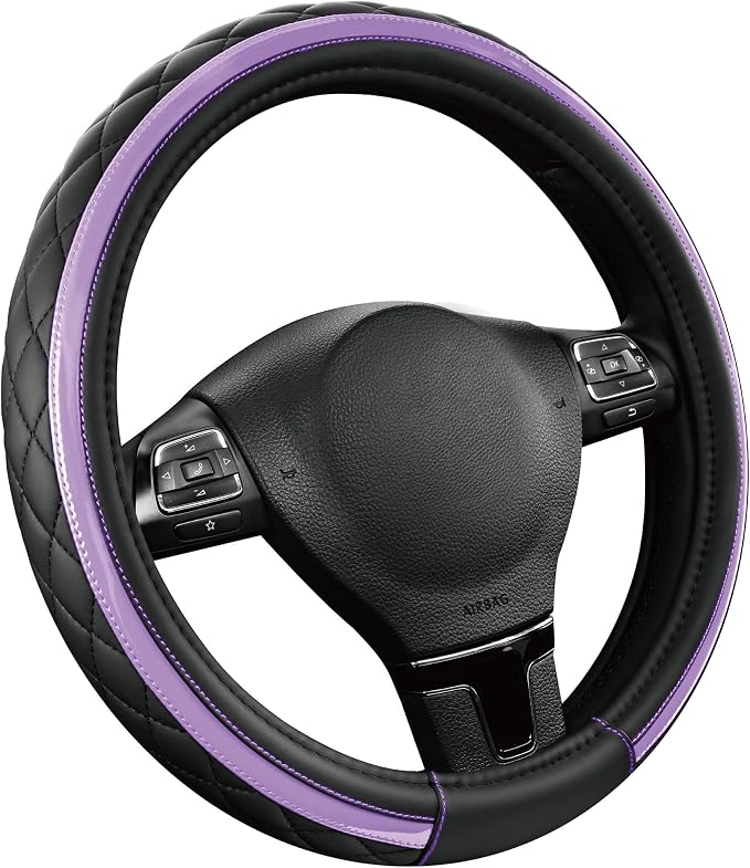 Leather Steering Wheel Cover – Black & Purple, Universal Fit 14.5-15 Inch, Microfiber Leather, Anti-Slip & Breathable Design for Men and Women