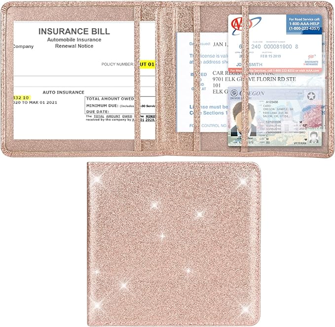 Car Registration and Insurance Holder, Vehicle Glove Box Car Organizer Men Women Wallet Accessories Case for Cards, Essential Document, Driver License, Bling Rose Gold
