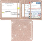 Car Registration and Insurance Holder, Vehicle Glove Box Car Organizer Men Women Wallet Accessories Case for Cards, Essential Document, Driver License, Bling Rose Gold