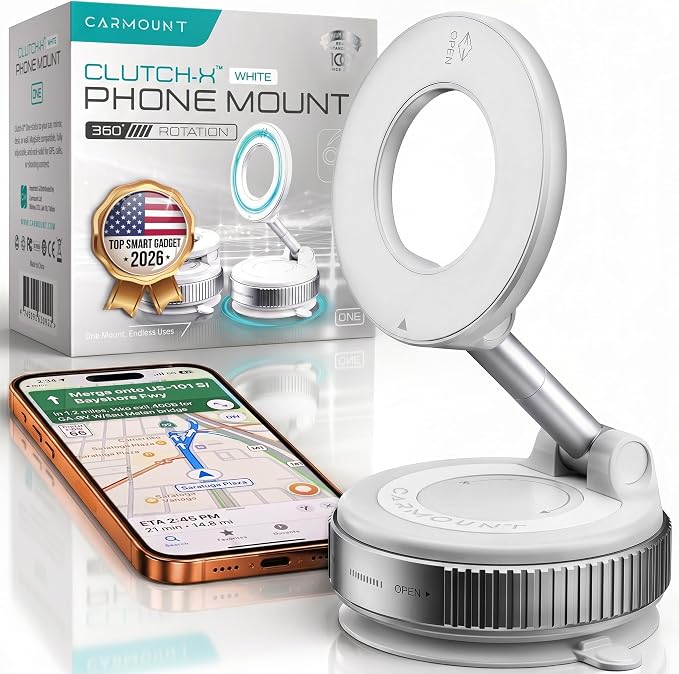 Clutch-X™ White – Upgraded Vacuum Phone Mount Suction Cup Car Phone Holder for iPhone, Window Phone Mount, 360° Vacuum Magnetic Phone Holder for Car, Magnetic Phone Holder with Suction Cup