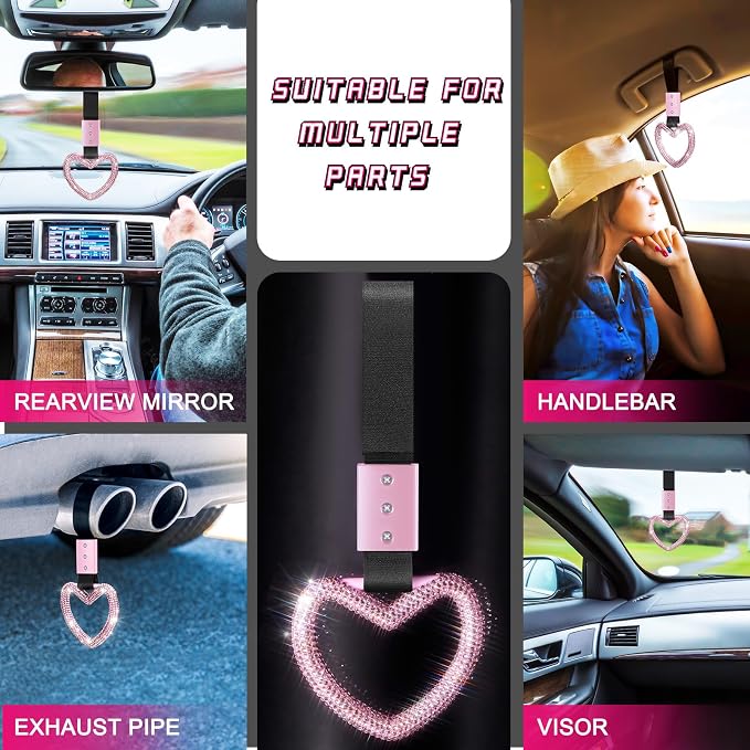 Bling Car Accessories Bling Heart Handle Ring Car Accessory for Women Hand Strap Drift Charm Rear Bumper Warning Ring Decor for auto Bus Interior Exterior Decoration (Pink, Heart Style)