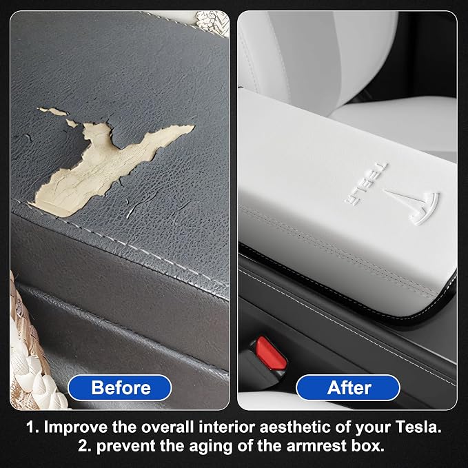 Center Console Leather Armrest Cover Designed for Tesla Model 3 2017-2023/Model Y 2020-2025(Not for Model Y Juniper),Center Console Accessories for Tesla Model 3/Y Interior Accessories White