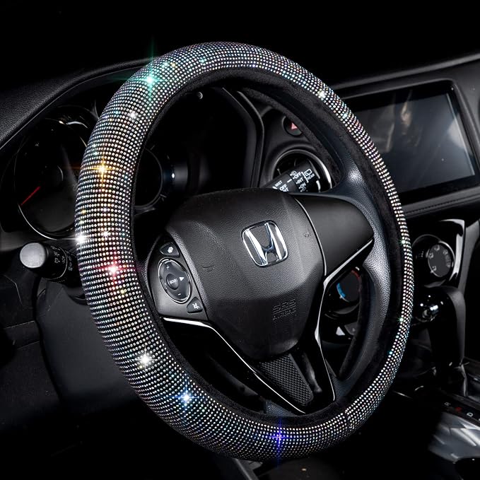 Steering Wheel Cover for Women Men Bling Bling Crystal Diamond Sparkling Car SUV Wheel Protector Universal Fit 15 Inch (Black with Colorful Diamond,Standard Size(14" 1/2-15" 1/4))