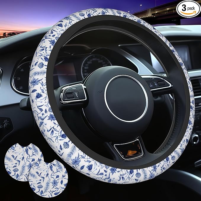 Blue Flowers Steering Wheel Cover 3Pcs Set 15" +2 Car Floral Coasters | Anti-Slip Breathable Neoprene, Universal 15" Fit, Blue Floral Pattern, Car Interior Decor, Cute for Men Women