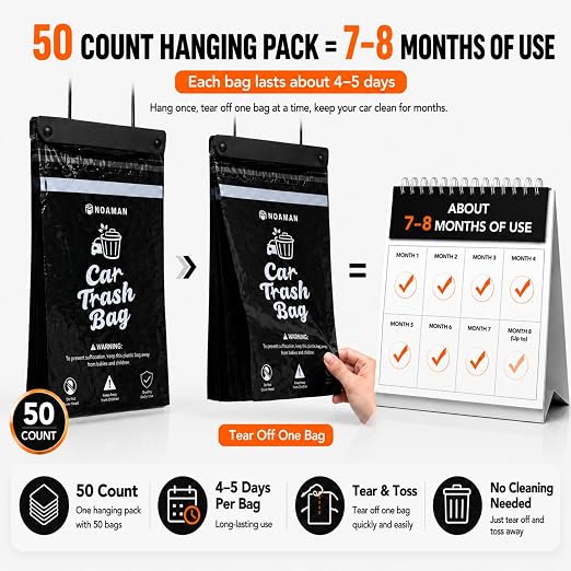 50PCS 1 Pack Car Trash Bags, 2.5 Gal Disposable Garbage Bags for Car, SUV, Truck and RV, Leak-Resistant Odor-Control Bags, Stick-On or Headrest Mount, Alternative to Car Trash Can, Black