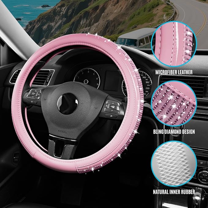 Bling Steering Wheel Cover – Pink Diamond Design, Universal Fit 14.5-15 Inch, Microfiber Leather, Anti-Slip & Breathable Design for Men and Women