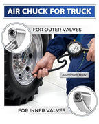 Tire Inflator with Pressure Gauge and Longer Hose - Most Accurate, Heavy Duty Air Chuck with Gauge for Air Compressor Tire Inflator Attachment - 100PSI