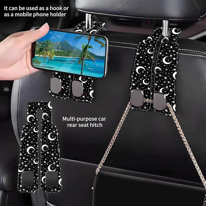 1 Pack Car Seat Headrest Hooks for Purses and Bags White Stars and Moons Bag Purse Holder for Car with Double Metal Hooks Car Purse Hanger Hanging Accessories