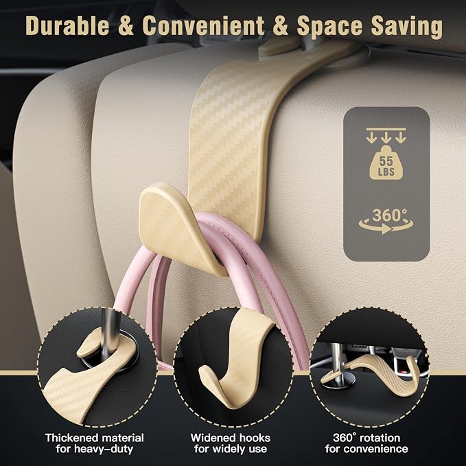4-Pack Car Headrest Hooks Vehicle Storage Organizer for Purses Handbags Groceries Coats – Heavy Duty 360° Rotating Simple Design Checkered Beige