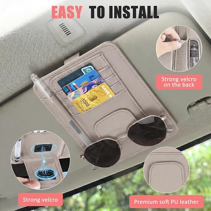 Sunglass Holder for Car Visor, Multi-Pocket Leather Car Sun Visor Organizer with Ticket Pens Card Clip, Sunglasses Holders,Suitable Eyeglasses,Car Accessories Keep Tidy (Grey)