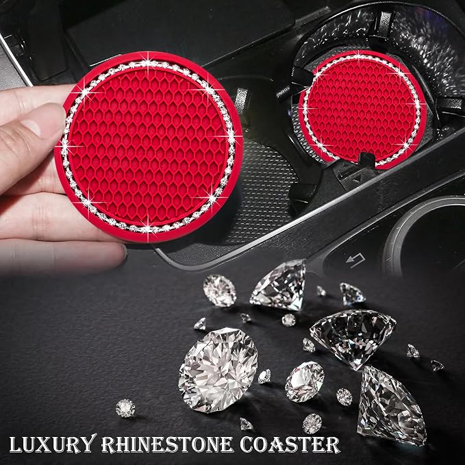 4PCS Bling Cup Holder Coaster, 2.75 Inch Auto Car Cup Holder Insert Coasters, Soft Silicone Anti-Slip Shockproof, Universal Vehicle Interior Accessories for Women Girls (Red & White)