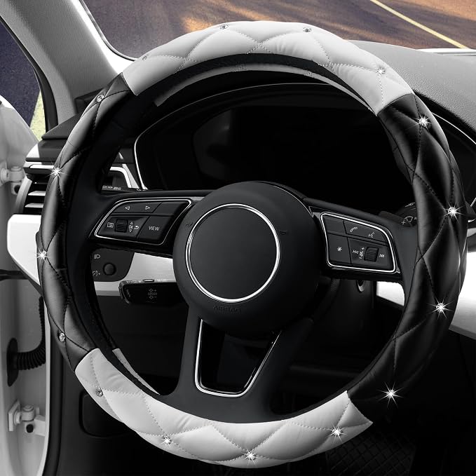 Cute Diamond Soft Leather Anti-Slip Steering Wheel Cover with Bling Bling Crystal Rhinestones, Universal 15 Inch for Women Girls, Fit Vehicles, Sedans, SUVs, Vans, Trucks - Black and White