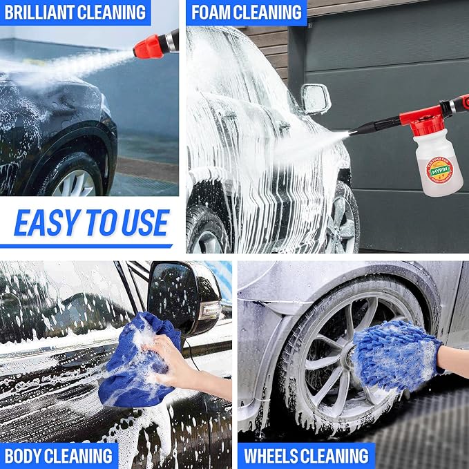 Car Wash Foam Gun/Hose Sprayer, 16 IN 1 Foam Cannon for Car/Garden Cleaning | Adjustable with 2.5-6 Ratio Dial Foam Blaster, 1L Bottle, Nozzles, Mitten&Towel, 1/2” Quick Connector for Garden Hose,Sprayer