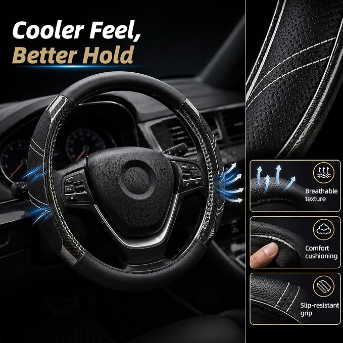 Sport Leather Steering Wheel Cover 14 1/2 inch to 15 inch Universal, Padded Soft Grip Breathable for Car Truck SUV Jeep, Anti Slip Odorless Carbon Fiber Black
