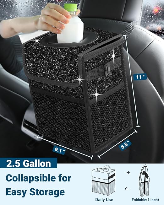Car Trash Can with Lid, Leakproof Car Trash Bag Hanging Waterproof Automotive Garbage Can with Storage Pockets Mini Vehicle Trash Bin for Back/Front Seat(Sparkly Black,2.5 Gallon)
