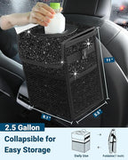 Car Trash Can with Lid, Leakproof Car Trash Bag Hanging Waterproof Automotive Garbage Can with Storage Pockets Mini Vehicle Trash Bin for Back/Front Seat(Sparkly Black,2.5 Gallon)