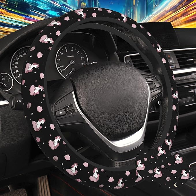 Cute Unicorn Steering Wheel Cover for Women, Anti-Slip Car Steering Wheel Cover with 2 Pcs Cup Holders Neoprene Breathable Car Accessories Universal 15 Inch Auto Interior Decor