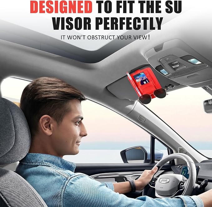 Sunglass Holder for Car Visor, Multi-Pocket Leather Car Sun Visor Organizer with Ticket Pens Card Clip, Sunglasses Holders,Suitable Eyeglasses,Car Accessories Keep Tidy (Red)